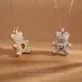 Fashion Income Heartbeat Bear Necklace Hollow Station Heart Teddy Bear Cute Fresh Light Luxury Personality Smart Love Pendant. 