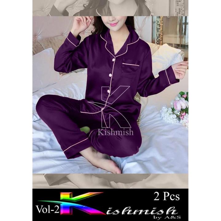 Purple Hot Sexy Silk Ladies Sleep Wear Night Dress with Shirt and Trouser  (Complete Sleeping Suit) For Women and Girls | Daraz.pk