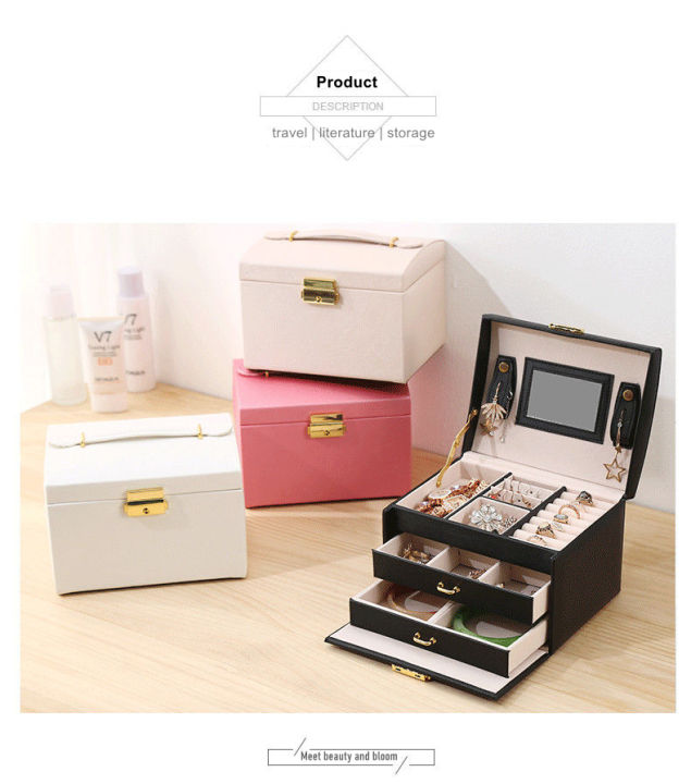 3 Layer Pu Leather Jewelry Storage Organizer Box with Lock, Drawer Type, Used To Store Rings, Bracelets, Earrings, Necklaces, Synthetic Leather And Velvet, Gifts For Women