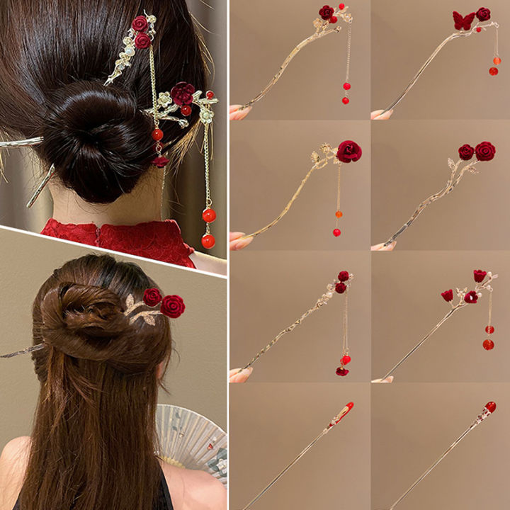 Retro Rose Hairpin For Women Chinese Style Tassel Hair Stick Pins Hair