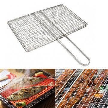 Barbecue,BBQ Grill,Barbeque Sticks,BBQ Stand,Barbecue Grids,Barbeque Grill,Net Basket Roast Grilling Tray Chromium Plated with Wooden Handle for Fish, Meat, Vegetable, Steak,