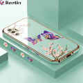 Jizetin (Free Lanyard) for Samsung Galaxy Note 10 Plus / Note 10 Plus 5G Back Cover Peach Blossom and Butterfly Luxury 6D Plating Case Side Pattern Soft Silicone Square Mobile Phone Cases. 