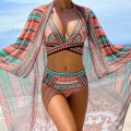 Vintage National Cover Ups + Bikini Cross Strap Bra Women Three Piece Swimsuit Blue/Green/Red High Waisted Beachwear 2024 Summer. 