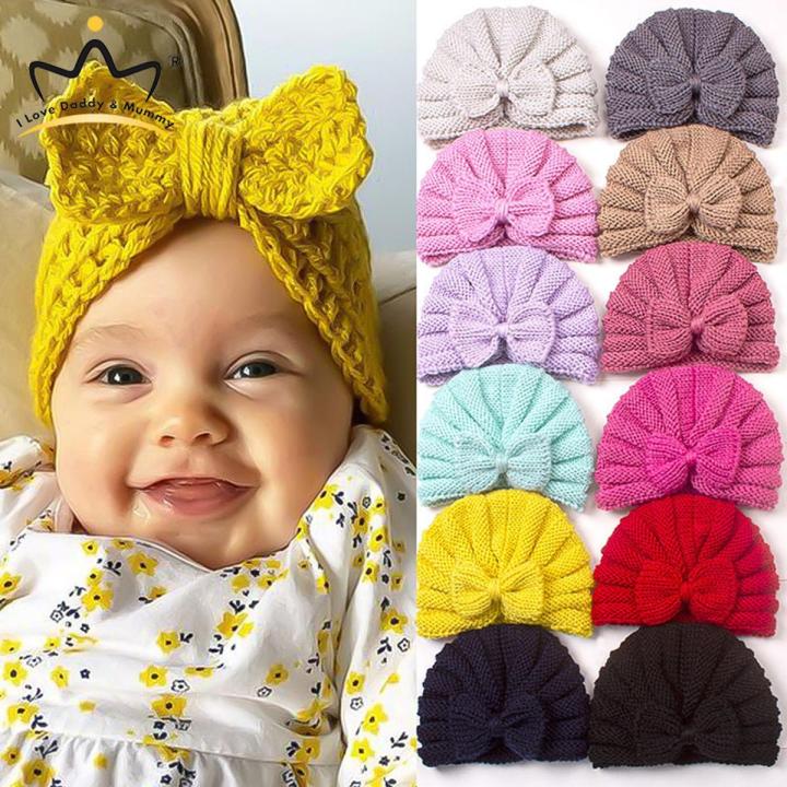 I LOVE DADDY&MUMMY-Autumn Winter Baby Bows Hat Cute Solid Color Baby Boys Girls Cap Beanie Knitted Infant Toddler Hat Bonnet Headwrap