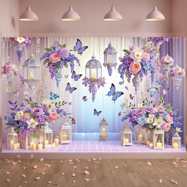 Butterfly Backdrop Wedding Cake Smash Purple Banner Flower Pink Background for Birthday