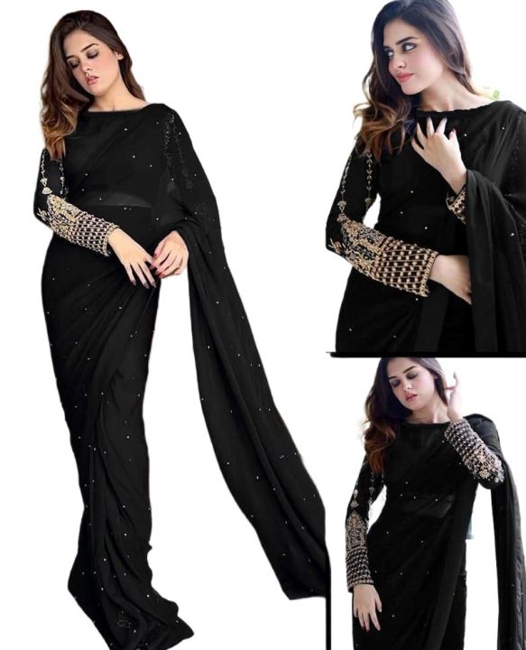 Women Stitched Embroidered Pearl Chiffon Saree With Blouse & Petticoat