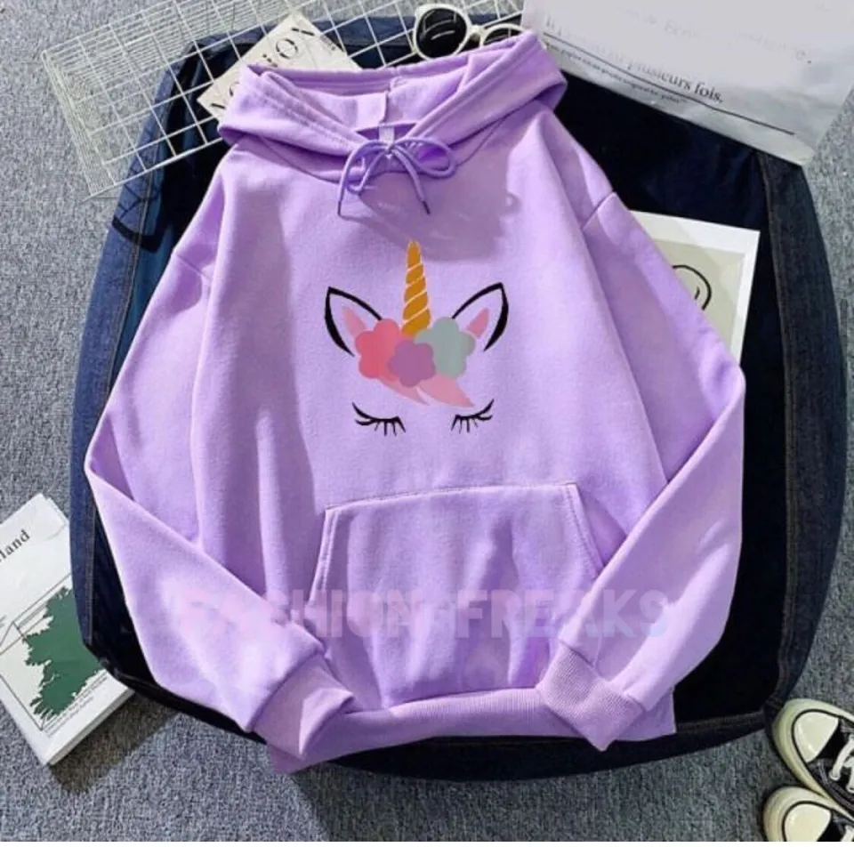 Light Purple Unicorn Printed Fleece Full Sleeves Pull Over Hoodie