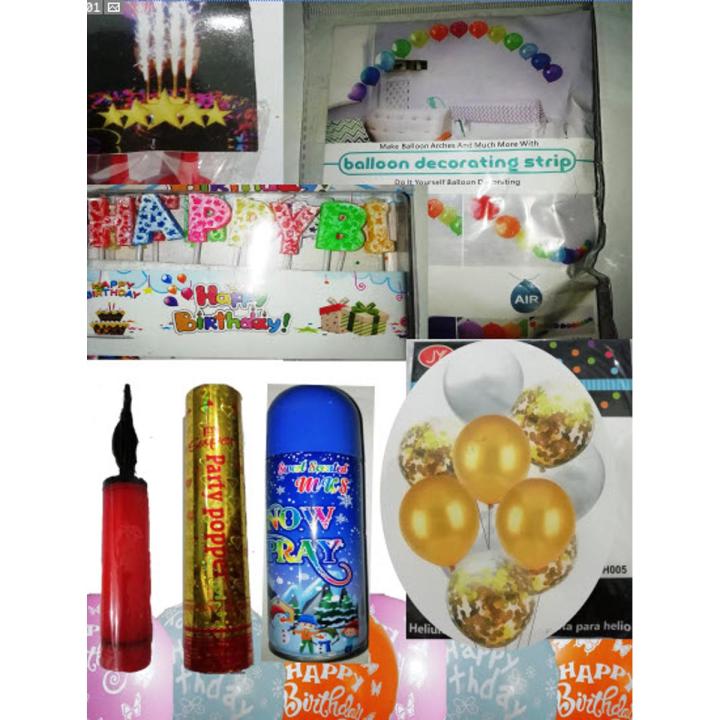 Birthday Party Decoration Complete Package, Balloons, Poppers, Spray, Confetti, Sparkling Candles, Happy Birthday Letter Candles, Strip, Balloons, Pump - All in One - 8 Items & 50 plus Pieces