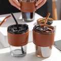 450ml Coffee Glass Mug Cups with Lids and Straws with Leather Sleeve. 