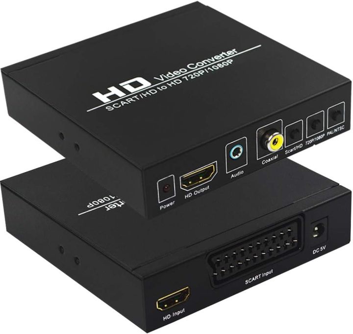 SCART to HDMI, Scart Converter Video Audio Box, HD Video Converter Scart to HDMI Adapter with PAL/NTSC Video Scaler, 1080P/720P Support HDMI, 3.5mm Coaxial Audio Out for TV and DVD Player