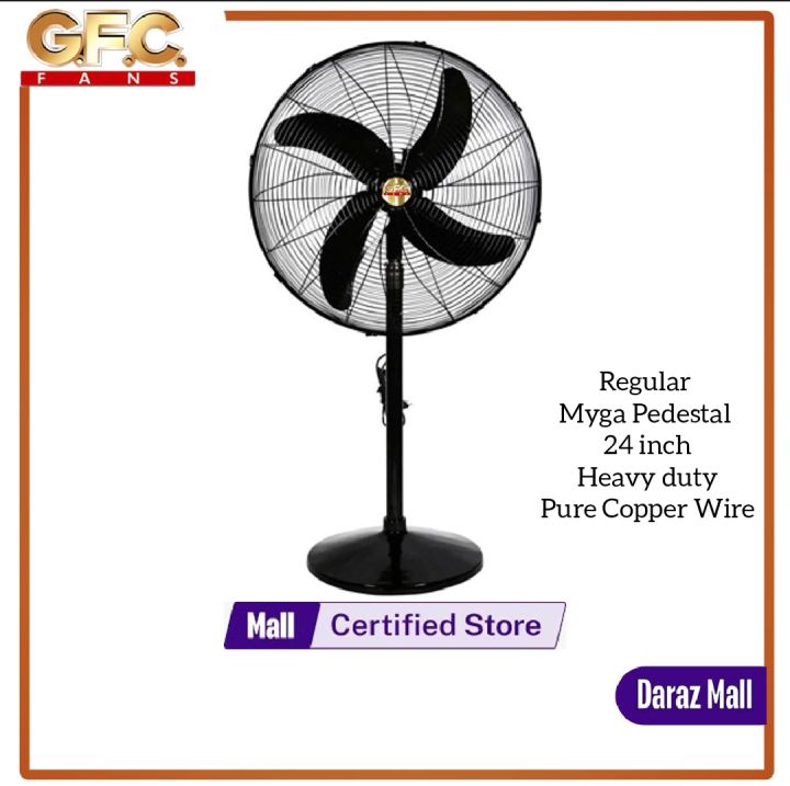 GFC Pedestal Fan Myga Black Color Pure Copper 24 Inch Energy efficient Electrical Steel Sheet and 99.9% Pure Copper Wire 3 speed options Brand Warranty