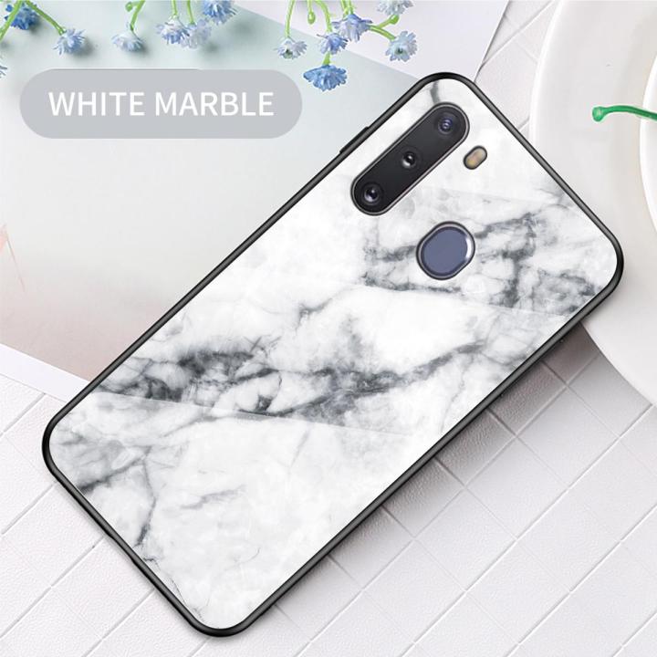 Case for Samsung Galaxy A21 Tempered Glass Protective Layer on the Back and TPU Bumper Anti+shock Shock Absorption Protective Cover
