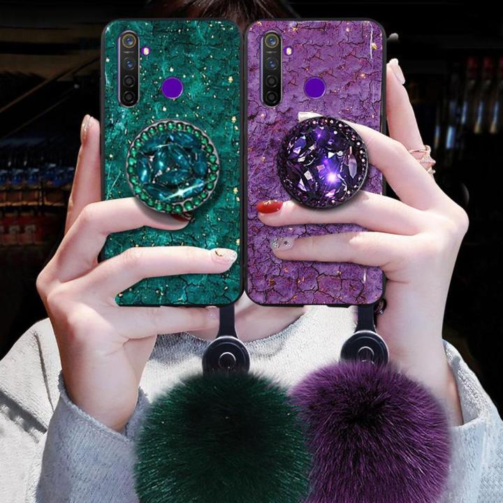 【ETOP】 For Realme 6i Realme C3 Realme 5i Realme 5 Realme 6 Realme 5 Pro Realme 6 Pro Realme C2  Realme C1 Bling Gold Foil Hairball Wristlet Marble Phone Cases Luxury Rhinestone Soft Silicone Shockproof Glitter Case Coque