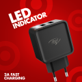 Original itel 2A Fast Charger - Dual USB Port with LED Indicator. 