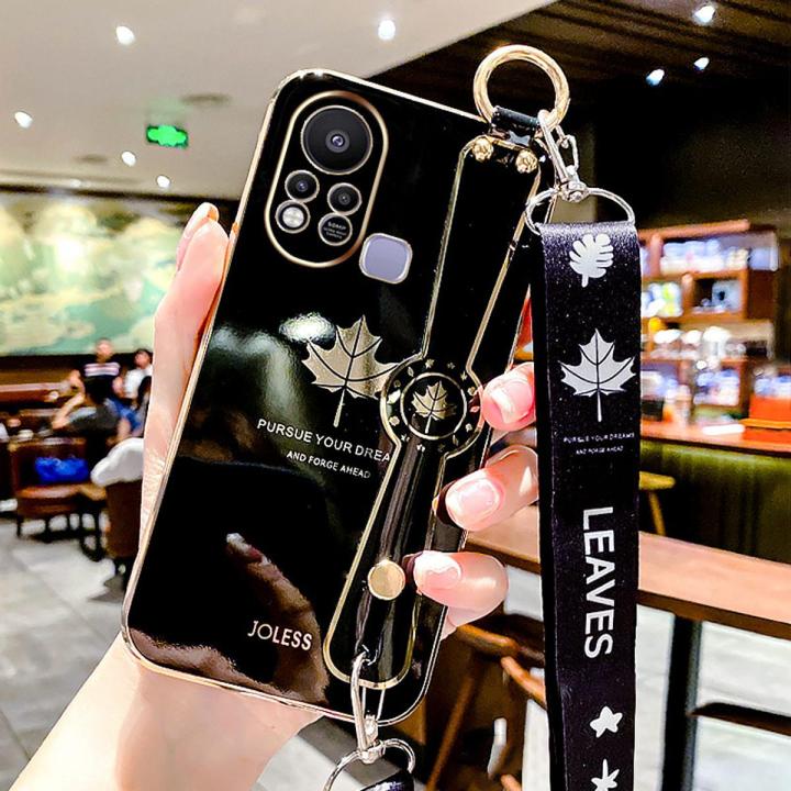 LECOMES for Infinix Hot 11s Back Cover with Wristband + Lanyard Luxury 6D Plating Fancy Maple Leaf Stylish Soft Silicone Square Mobile Phone Case Pouch Girls