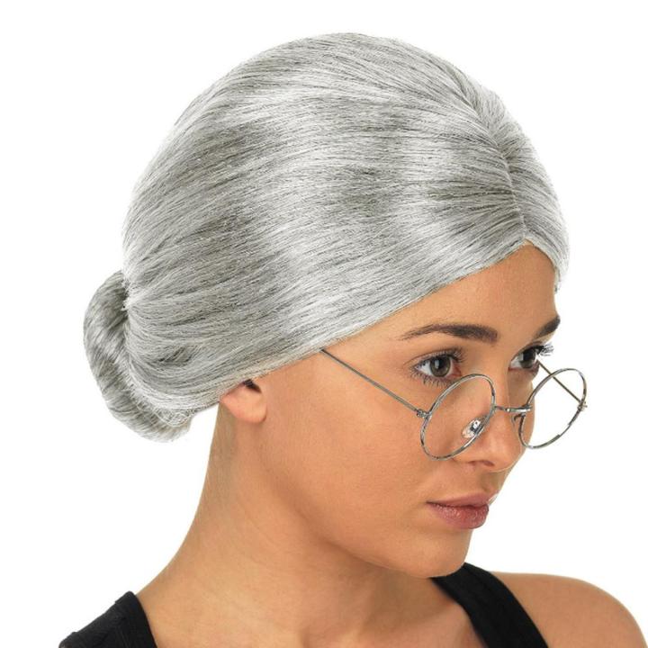 Old Lady Grandma Granny Grey Wig Bun Hair Grand Mother Fancy Dress Costume