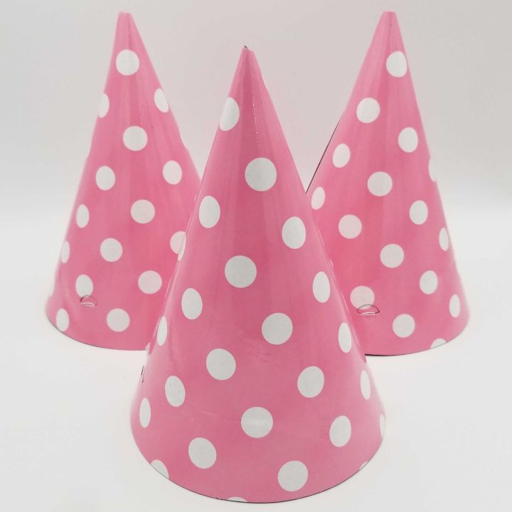 BABY PINK POLKA DOT BIRTHDAY CAPS ( PACK OF 10 PAPER CAPS )