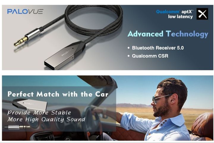 PALOVUE LinkFlow Qualcomm CSR aptX Low Latency Bluetooth 5.0 Audio Receiver Adapter Wireless Car Kit Music Streaming & HandsFree Calling for Car / Home Stereo Speakers 3.5mm Aux Jack  No Charging Needed Direct USB Powered