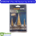 WORKZONE 3 Piece HSS Titanium Step Drill Bit Set – Multi-Size Metal Drilling Tool Kit by Electrica. 