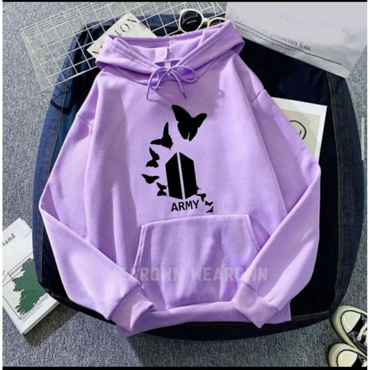 Light Purple Bts Army Printed Fleece Full Sleeves Pull Over  Hoodie For Women