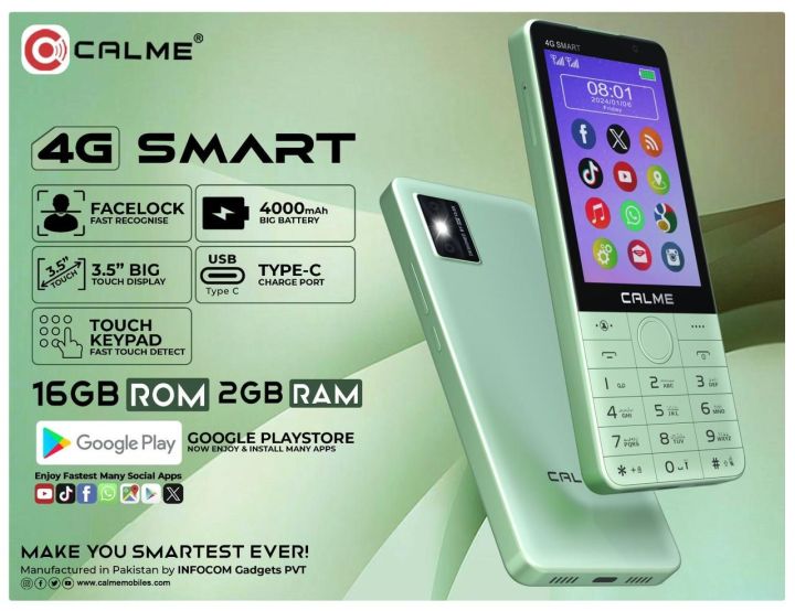 Calme 4G Smart - 3.5 Inch Big Touch Display - Dual Sim 4G - 2GB Ram - 16GB Rom - 4000mAH Battery - Stylish Look - Wifi - Hotspot - Playstore - PTA approved With 1 Year Brand warranty