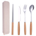 Portable Utensils Set with Case-4 Pieces Wood Handle Reusable Flatware Set Fork Spoon Stainless Steel Portable Travel Utensil Set for Travel/Camping Office Lunch with Carry. 