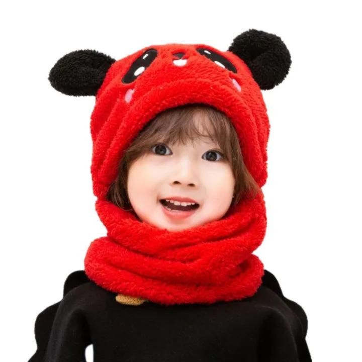 Winter Wool Cap with neck warmer for Kids |Panda caps for kids winter | Baby Set Velvet Cartoon Panda Rabbit Baby Head Cover Warm Neck Collar Kids