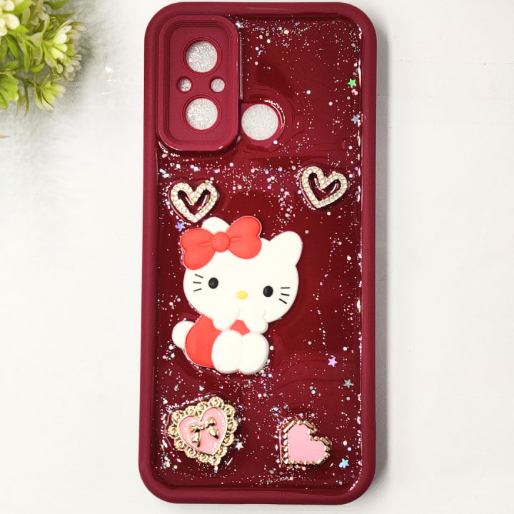 Xaiomi Redmi 12C|Poco C55 3D Glitter Glue Rissen Kitty Fancy Back Case (Maroon)
