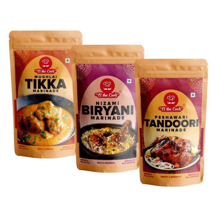 EL The Cook Restaurant Masala Paste Value Combo | Peshawari Tandoori, Mughlai Tikka & Nizami Biryani Marinade for Chicken, Fish, Veggies at Home | 50g pack Serves 4-5 | Ready to Cook | Pack of 3