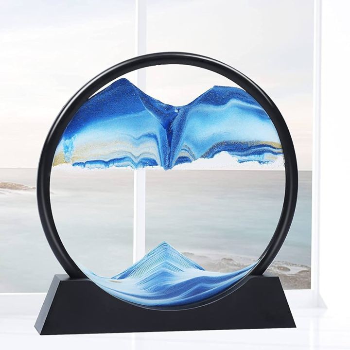 3D Sand Art Motion Frame Round Glass Deep Sea Sandscape | Flowing Sand Picture for Relaxing Home & Office Decor - Perfect Desktop Decoration Gift