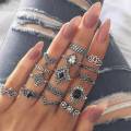 15Pcs/Set Alloy Silver Black Stone Party Anillo/Crown Elephant Wedding Anniversary Rings For Girls / Variety Ladies. 