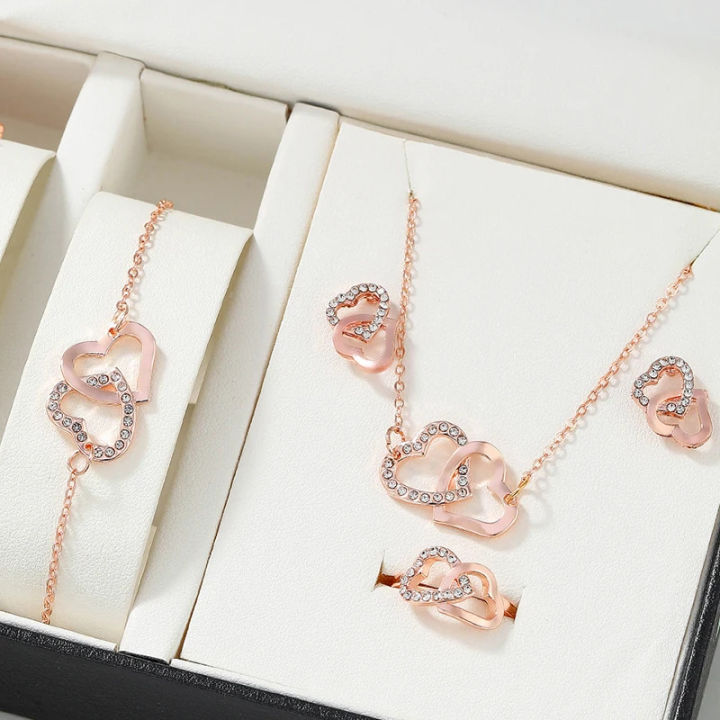4Pcs%20Rose%20Gold%20Zircon%20Heart%20Necklace%20Earrings%20Bracelet%20Ring%20Jewelry%20Set%20For%20Girls%20Fashion%20Party%20Jewelry%20Daily%20Wear%20Zirconia%20Heart%20Jewelry%20Set%20-%20Image%202