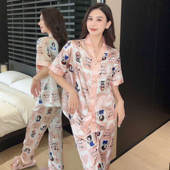 Multiple spring and summer ice silk Korean version short sleeved pants printed fat MM plus size women's sleepwear home suit set