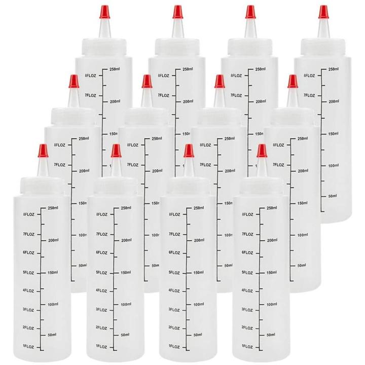 HAOEN 12-Pack 8 Oz Condiment Squeeze Bottles with Red Tip Cap - Durable Plastic Squirt Bottle for Ketchup, Sauces, Syrup