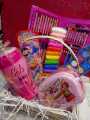 gift basket for kids with lunch box , pencil box , water bottle , stationery kit , colouring kit , caryouns , colours , markers , pencil , eraser , sharpner , glue , play dough  ,sticker , water colours. 