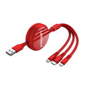 Pisen 3 IN 1 Retractable Charging Data Cable Black/White/Red/Purple Foldable Cable from USB to Type-C, Iphone, Android  Pouch Packing. 