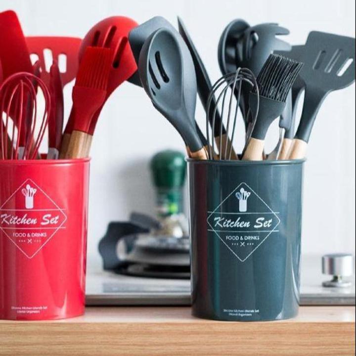 12 Pcs Silicone Cooking Utensils Kitchen Utensil Set Random Colors - Heat Resistant Non-Toxic BPA Wooden Handles Kitchen Gadgets Tools Set for Nonstick Cookware Best Quality