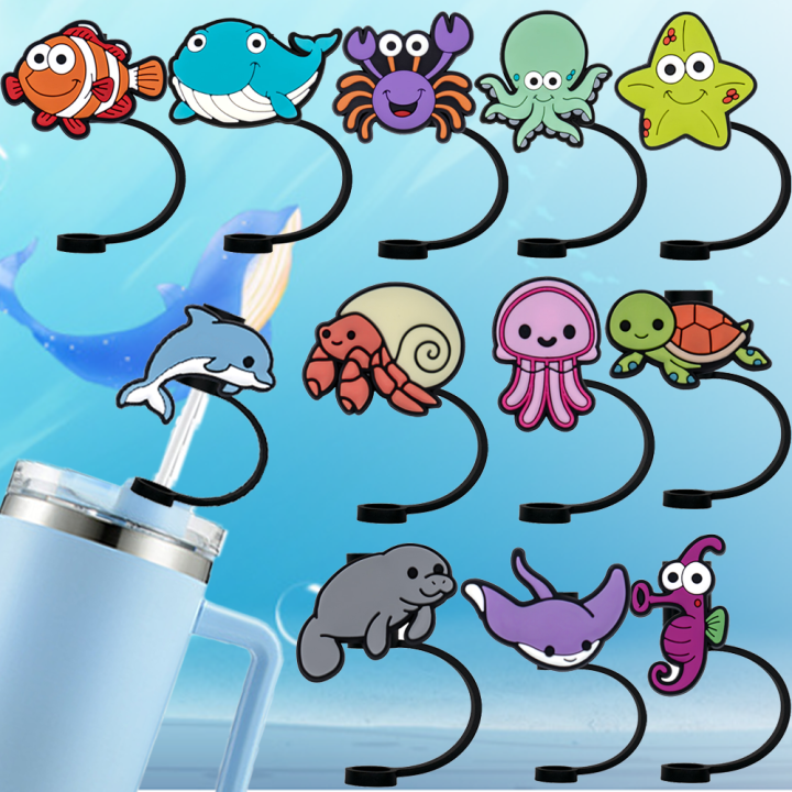 1-12PCS Cartoon Ocean Animal Straw Cover Cap,Silicone Straw Topper Cute Star Jellyfish Shark for 8mm,Dustproof Straw Cap Plug