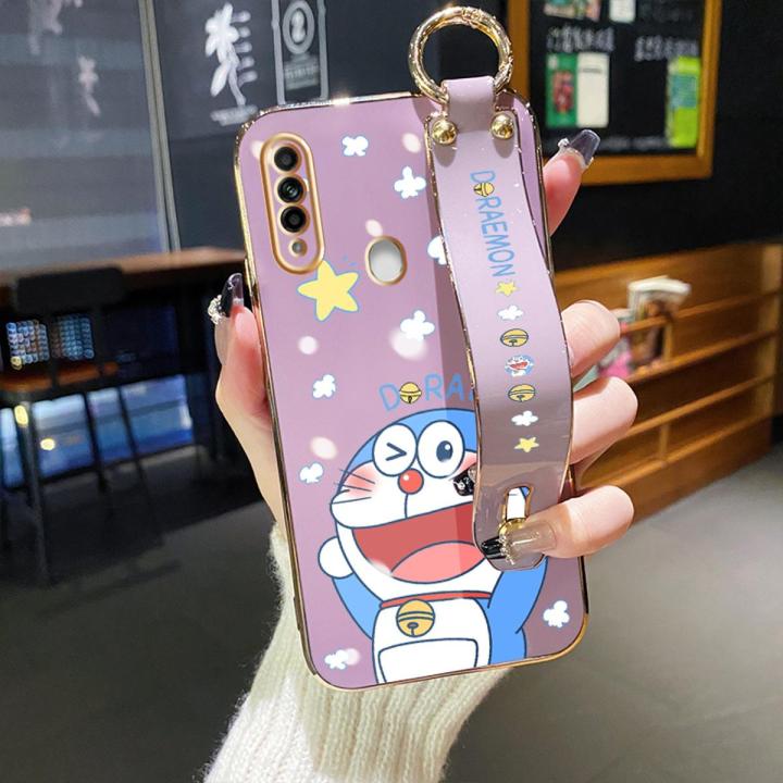 dienya For OPPO A31 2020 Case With Wristband New Design Phone Case For Girl Women Thin Pattern Cartoon Doraemon Cat Shockproof Plating Silicone Casing Full Cover SoftCase Protection Cases