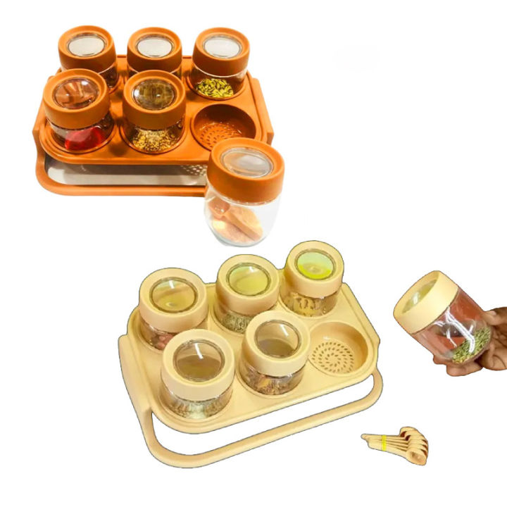 Spice Jar for Kitchen - 6 Pcs Masala Box with Spoon Set - Spice Rack - Masala Jars - Seasoning Spice Box - Kitchen Organizers airtight jars - Plastic Food Containers - Spice Zone Kitchen Gadgets Stand - Salt & Pepper Kitchen Storage Condiment & Spice Rack