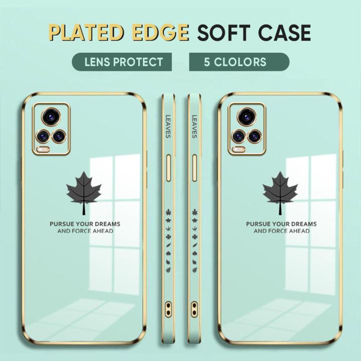 (Free Lanyard) Luxury 6D Plating Case for Vivo S1 Phone Cases Maple Leaf Side Print Soft Silicone Square Back Cover