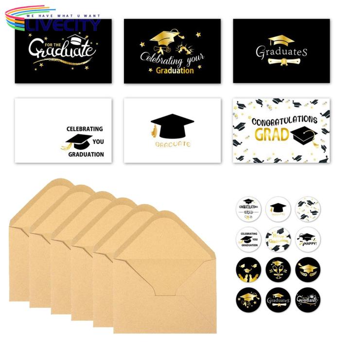 Graduation Greeting Cards 6pcs Glitter Golden Foil Graduation Cards Set with Envelopes High School Party Supplies Graduation Card Assortment