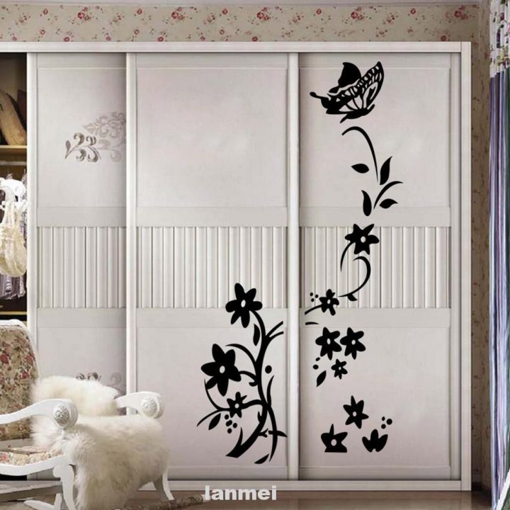 Size: 3 x 1.5 Feet  - Elegant Floral Flowers Butterfly designed Self adhesive Wall Sticker for Refrigerator, Fridge , Cabinets, Cupboard, Doors, Home Decor Lovers - Black color