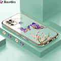 Jizetin (Free Lanyard) for Infinix Hot 10 Back Cover Peach Blossom and Butterfly Luxury 6D Plating Case Side Pattern Soft Silicone Square Mobile Phone Cases. 
