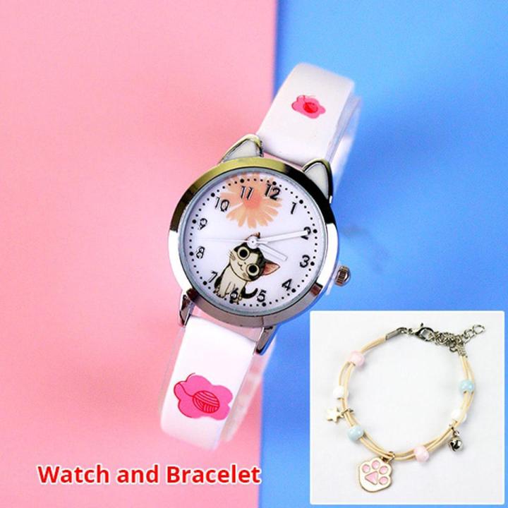 Cute Cheese Cat Pattern Children Watches With Bracelet Quartz Analog Kids Watches For Girls Boys Ladies Clock Relogio
