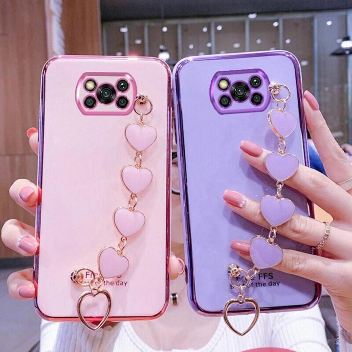 For Xiaomi POCO X3 Pro Back Cover + Love Heart Bracelet Luxury Glossy Shiny Plating Bumper Ladies Case Soft Silicone Protective Phone Cases