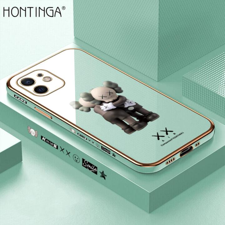 Hontinga for iPhone 12 Mini Back Cover（Free Lanyard）Luxury 6D Plating Cartoon Hug bear Side Pattern Case Soft Silicone Square Mobile Cover