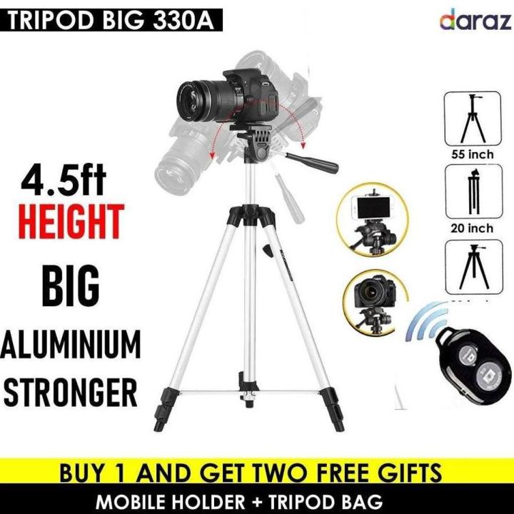 330-A Aluminium Tripod Stand Adjustable Portable Feet With Carry Case  and Mobile Phone Holder Silver