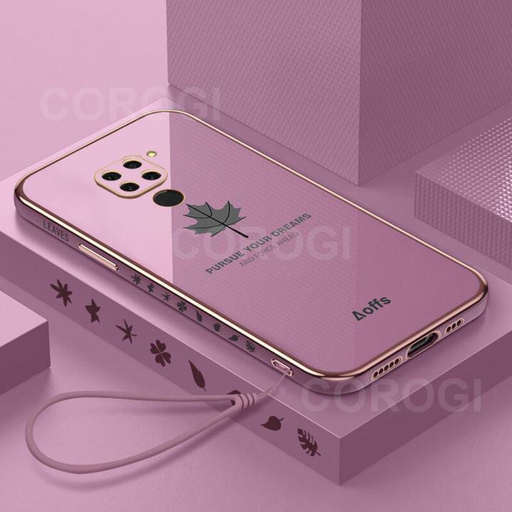 COROGI for Xiaomi Redmi Note 9 Back Cover with Lanyard Luxury Plating Maple Leaf Stylish Fancy Case Soft Silicone Square Mobile Phone Cases Pouch for Girls Boys