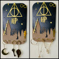 Harry Potter Deathly Hallows Black and Gold Wall Art Wooden Key Holder and Jewelry Organizer, Key Hanger and Jewelry Hanger, Home and Room Deocration Items, Wall Decoration Items, Aesthetic Room Decor. 